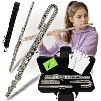V-TONE SCF 16 skersinė fleita su lenktu galvūgaliu, C klavišas, sidabruota nikelio sidabro, uždaros skylės, Split E mechanizmas, pradedančiųjų mokinio fleita su dėklu ir aksesuarais
