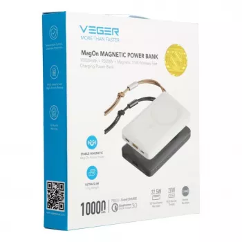 Veger MagOn Power Bank 10000 mAh White - MagSafe Compatible, PD QC3.0 20W Wireless Charging