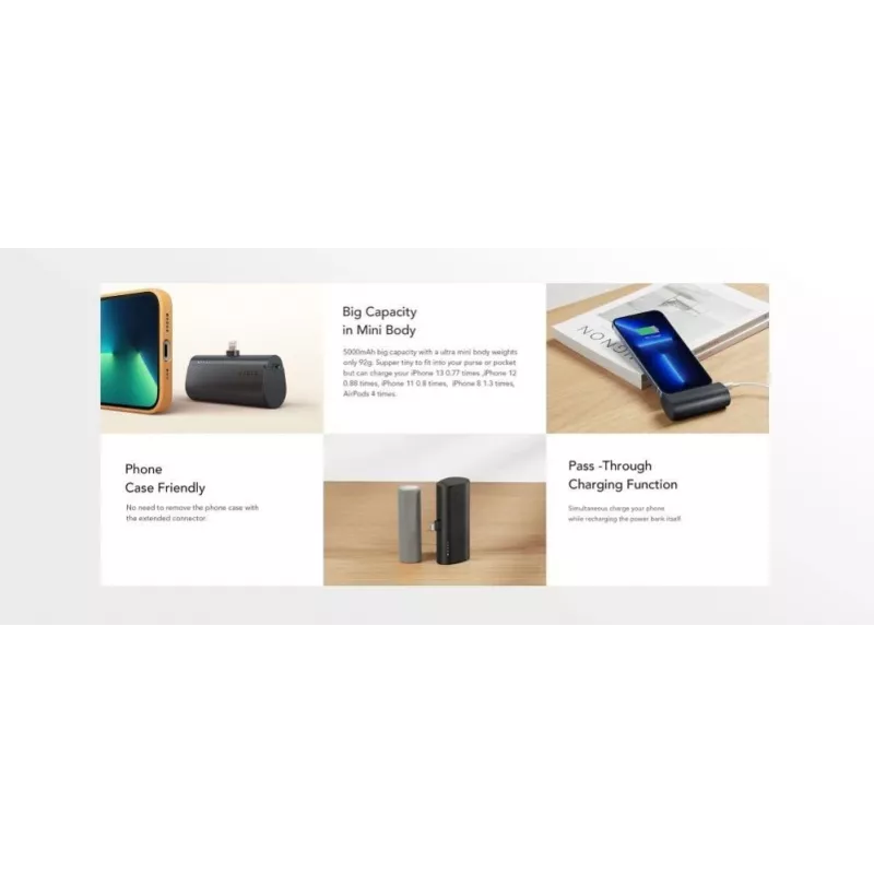 VEGER PlugOn Power Bank 5000 mAh 20W PD QC3.0 su įmontuota Lightning jungtimi, juoda