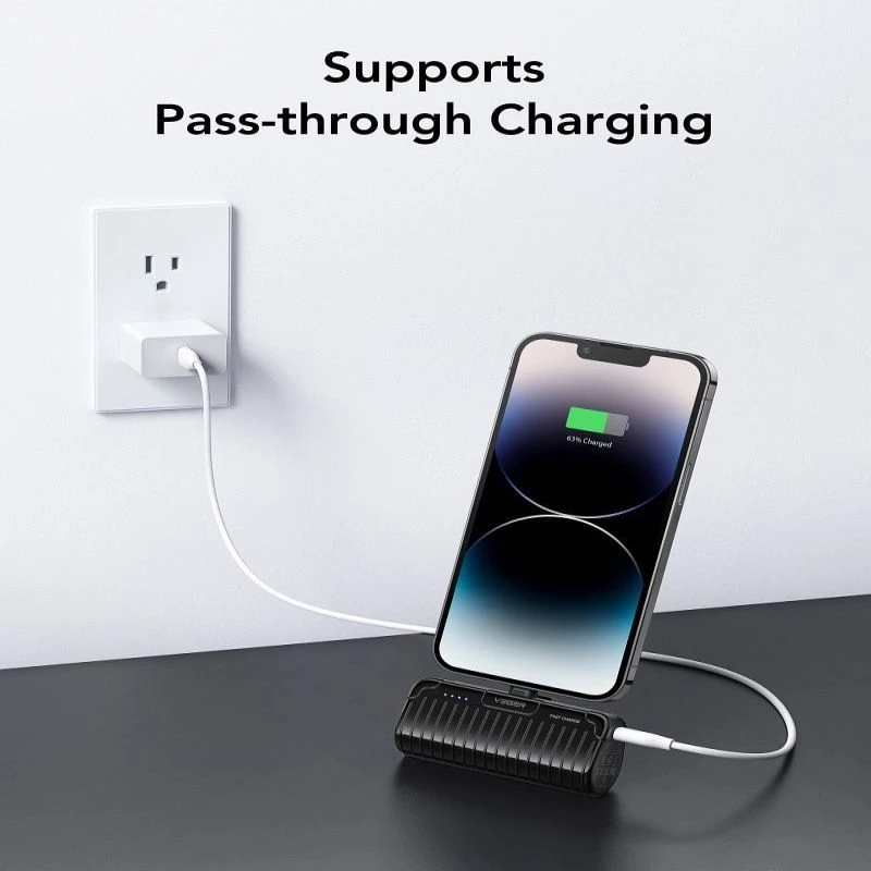Veger PlugOn Power Bank (W0558P) 5000 mAh 20W PD QC3.0 su įmontuota Lightning jungtimi, juoda