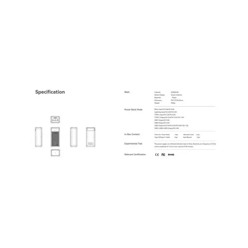 Veger Power Bank Tank Lite (W5001) PD QC3.0 5A 22.5W 50000 mAh juoda