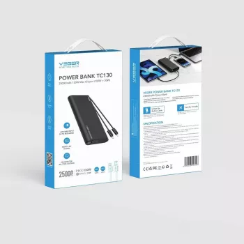 VEGER TCE130 130W PD Power Bank 25000mAh su įmontuotais USB-C ir Lightning laidais, juoda