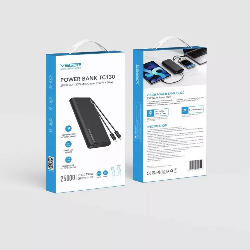 VEGER TCE130 130W PD Power Bank 25000mAh su įmontuotais USB-C ir Lightning laidais, juoda