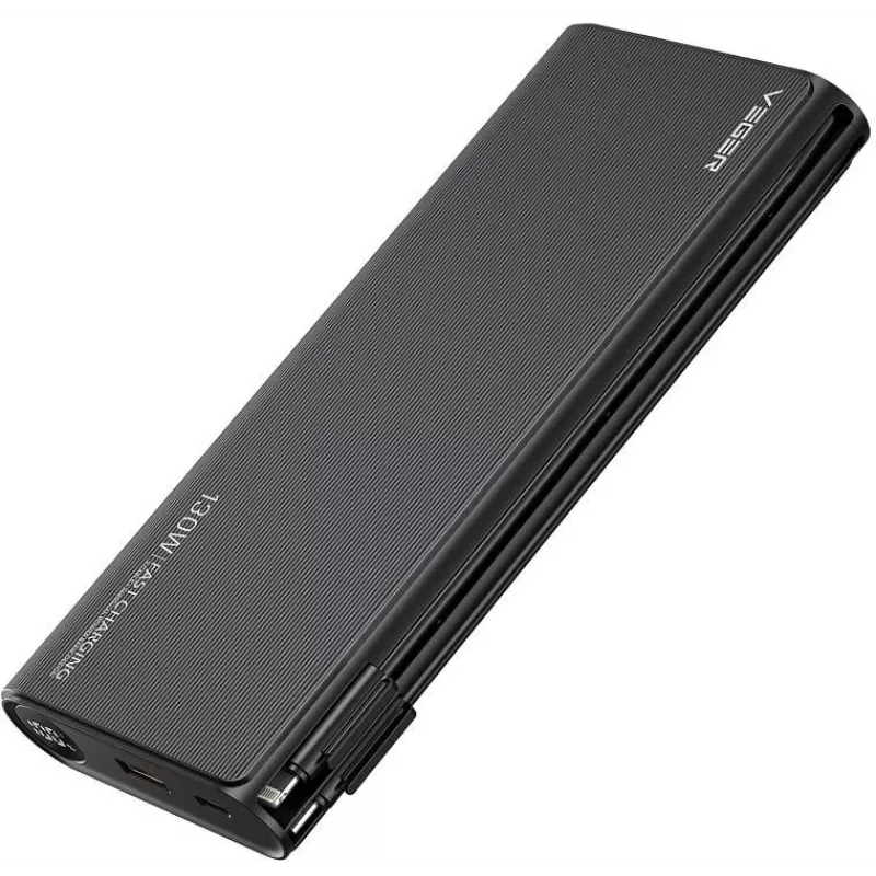 VEGER TCE130 130W PD Power Bank 25000mAh su įmontuotais USB-C ir Lightning laidais, juoda