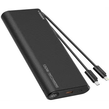 VEGER TCE130 130W PD Power Bank 25000mAh su įmontuotais USB-C ir Lightning laidais, juoda