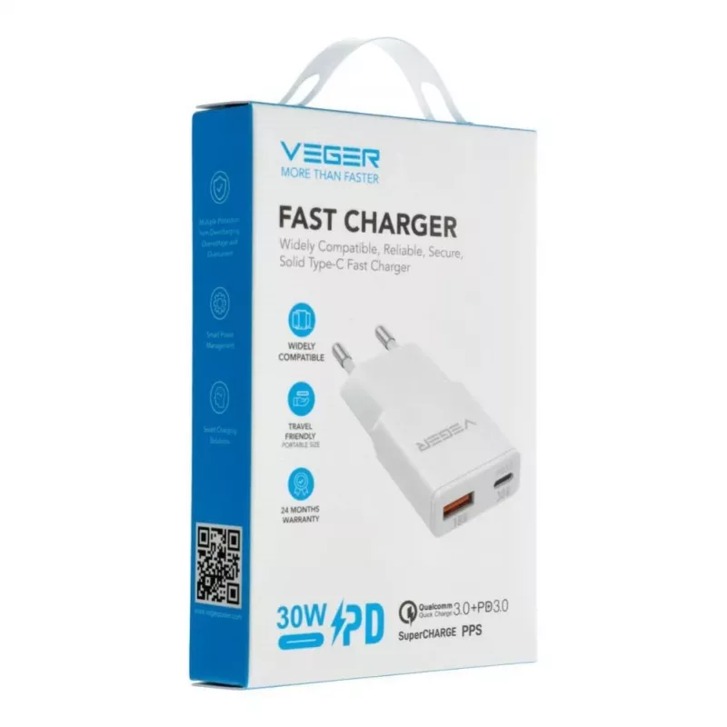 VEGER USB-A + USB-C QC PD 30W sieninis įkroviklis 30W1A1C baltas