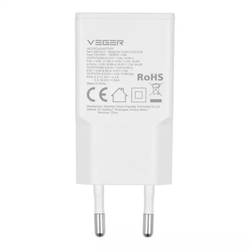 VEGER USB-A + USB-C QC PD 30W sieninis įkroviklis 30W1A1C baltas