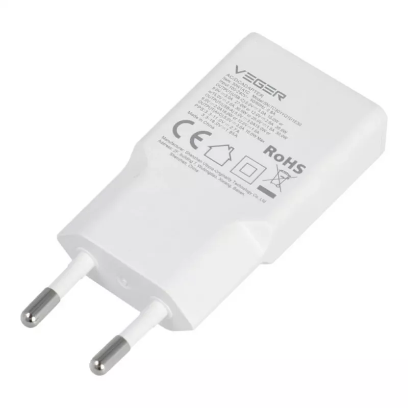 VEGER USB-A + USB-C QC PD 30W sieninis įkroviklis 30W1A1C baltas
