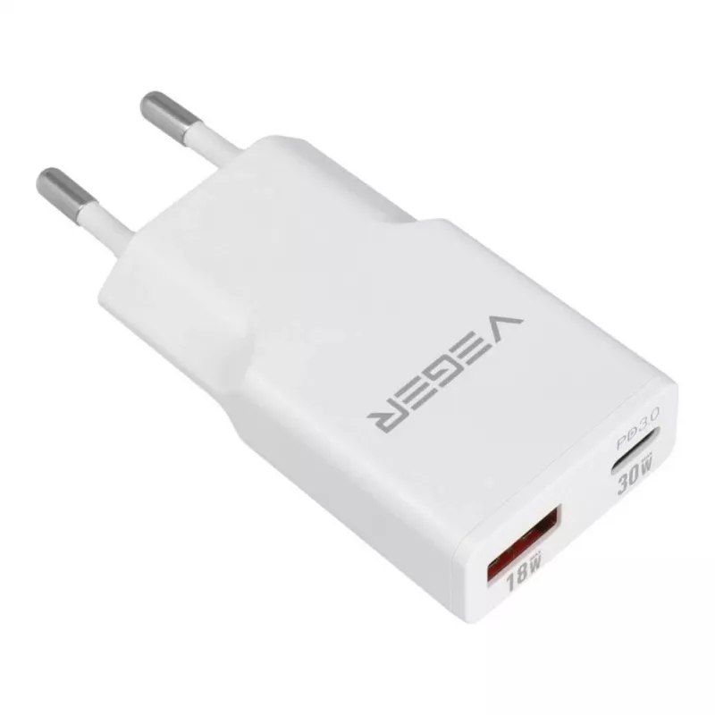VEGER USB-A + USB-C QC PD 30W sieninis įkroviklis 30W1A1C baltas