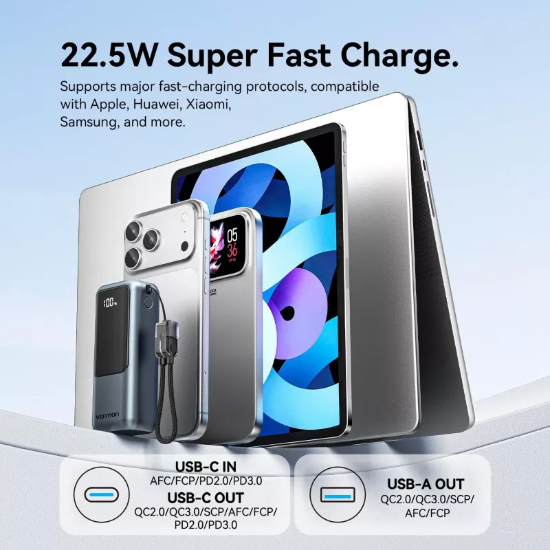VENTION FKOH0 10000 mAh 22.5 W belaidis power bank su USB-C PD & QC - juoda