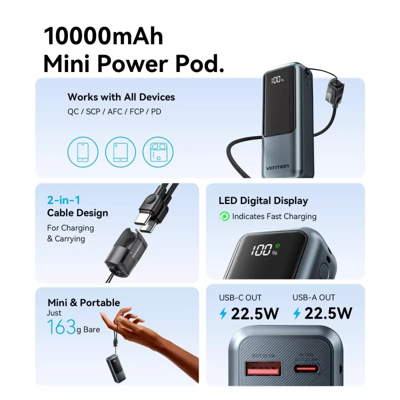 VENTION FKOH0 10000 mAh 22.5 W belaidis power bank su USB-C PD & QC - juoda