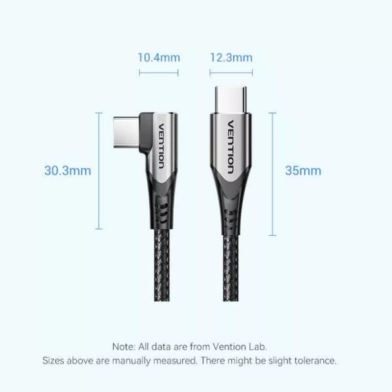 VENTION TRAHF USB-C į USB-C laidas 1m pilkas 10Gbps 100W PD 4K vaizdas
