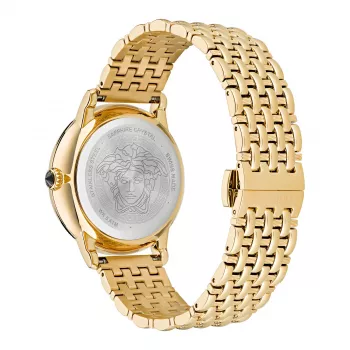 VERSACE V-Circle Unisex Swiss Quartz Watch 38mm Stainless Steel Black Dial Leather Strap VE6F00623