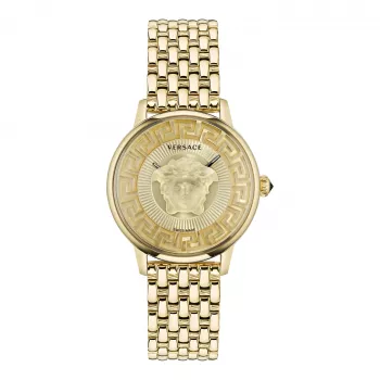 VERSACE V-Circle Unisex Swiss Quartz Watch 38mm Stainless Steel Black Dial Leather Strap VE6F00623