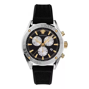 VERSACE V-Race vyriškas šveicariškas kvarcinis chronografas VEHB00119 - 44 mm, juodas ciferblatas, sidabrinio atspalvio nerūdijančio plieno apyrankė