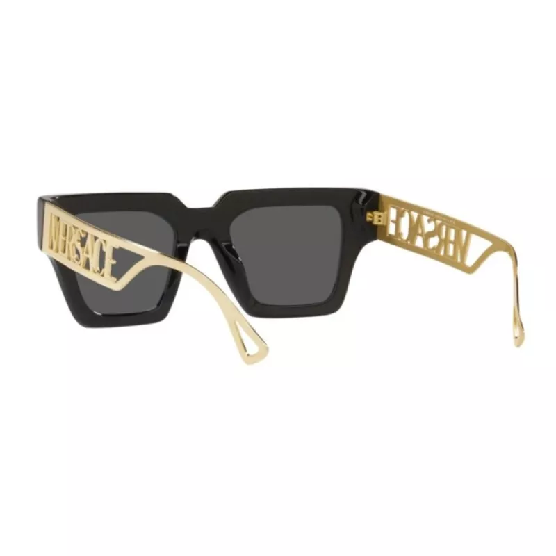 VERSACE VE4431F-GB187 Moteriški katės akies formos akiniai nuo saulės - juodas acetato rėmelis, pilki poliamidiniai lęšiai, UV400 apsauga, 50/22/145 mm