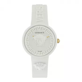 Versace moteriškas VE6G00123 šveicariškas kvarcinis 39 mm nerūdijančio plieno laikrodis su juodu odiniu dirželiu ir sidabriniu ciferblatu
