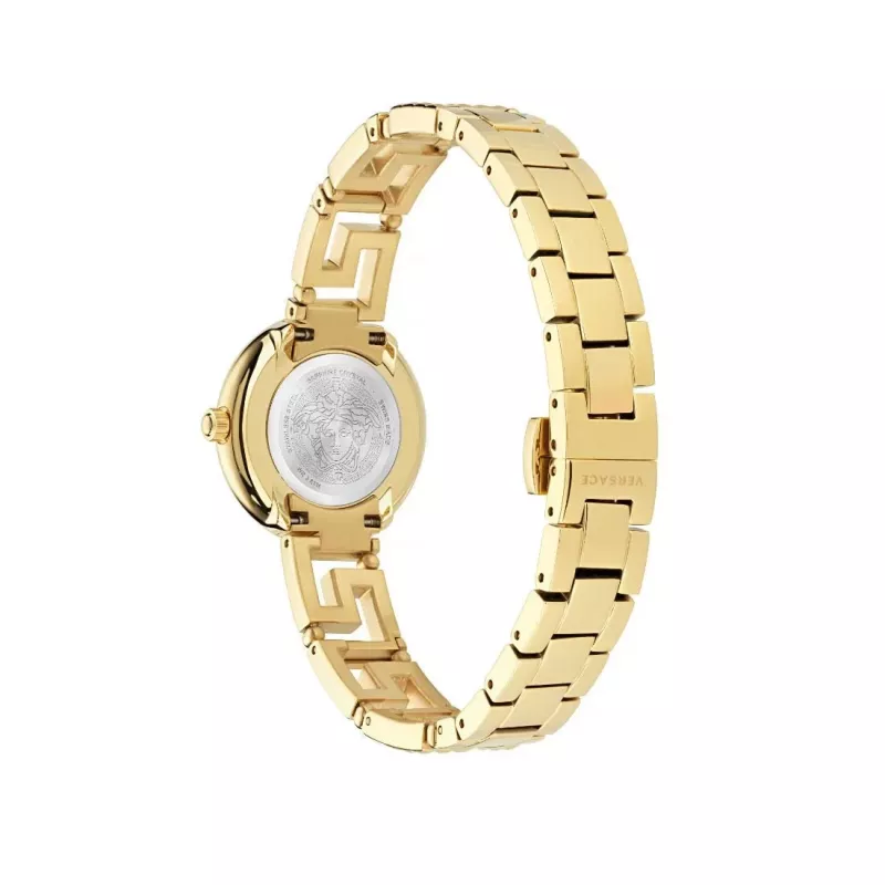 Versace moteriškas VE7A00323 28 mm šveicariškas kvarcinis laikrodis su baltu ciferblatu ir juodu odiniu dirželiu