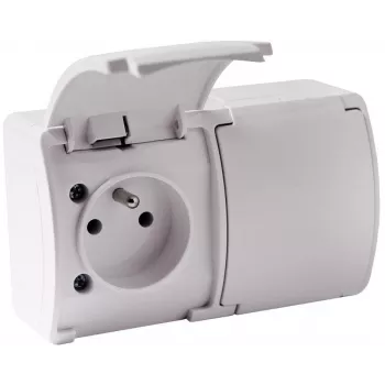 VIPLAST KOALA 162-01 Dvigubas paviršinis lizdas su įžeminimu ir dangteliu, E tipas 16A 250V, IP44 baltas