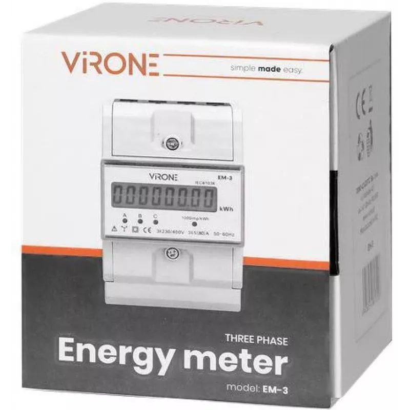 Virone EM-3 3 fazių elektros energijos skaitiklis, 80A, 3 moduliai, DIN bėgelis TH-35mm