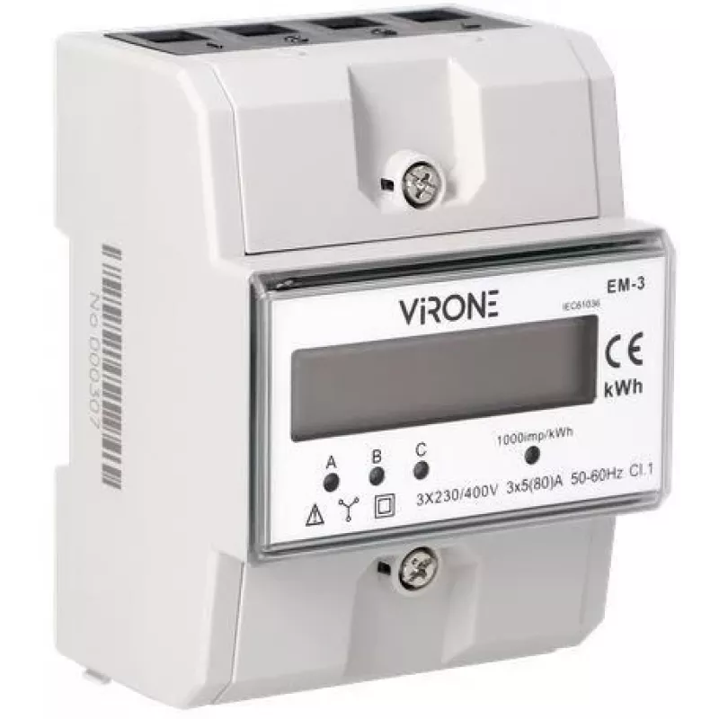 Virone EM-3 3 fazių elektros energijos skaitiklis, 80A, 3 moduliai, DIN bėgelis TH-35mm
