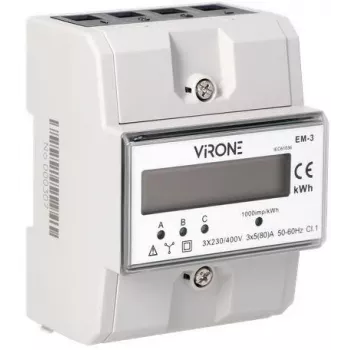 Virone EM-3 3 fazių elektros energijos skaitiklis, 80A, 3 moduliai, DIN bėgelis TH-35mm