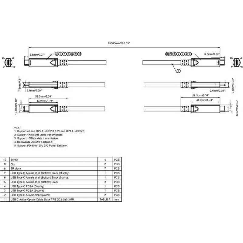 VISION 15m USB-C aktyvus optinis kabelis - USB 3.2 - 60W PD - Juoda
