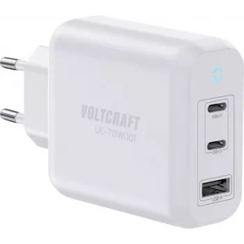 VOLTCRAFT UC-70W001 GaN USB sieninis įkroviklis 70W 2x USB-C PD 3.2 + 1x USB-A greitasis įkrovimas Baltas VC-18791125