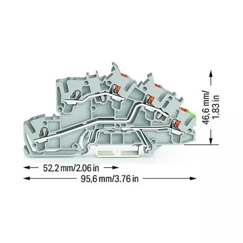 WAGO 2203-7545 3-jų laidų montavimo gnybtų blokas su Push-in CAGE CLAMP, L/L/PE, pilkas/žaliai-geltonas