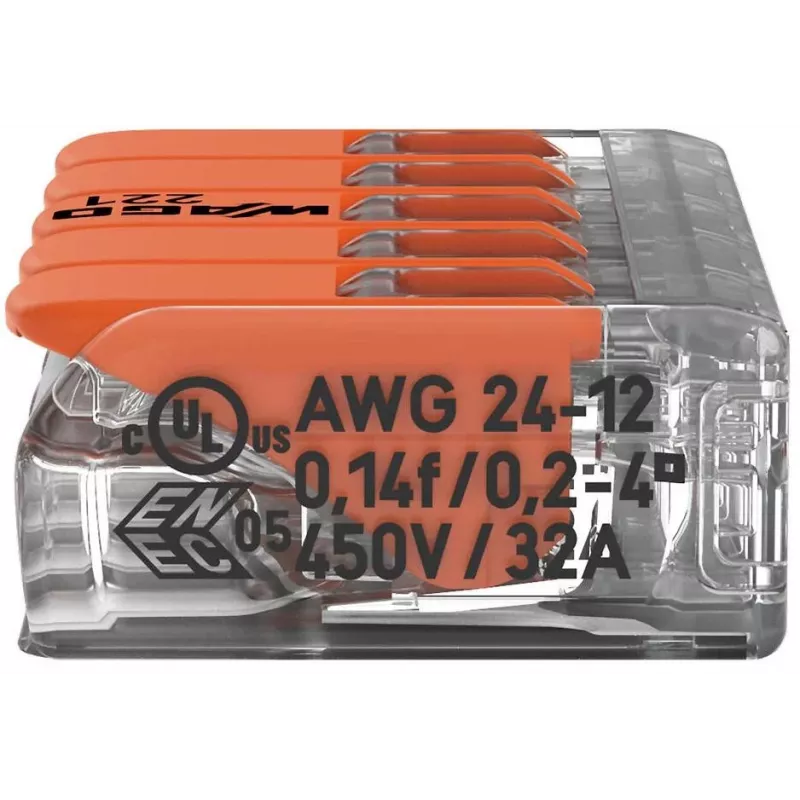 WAGO 221-415 COMPACT jungiamasis gnybtas 5 laidininkams, 0,2-4 mm², 25 vnt. pakuotė