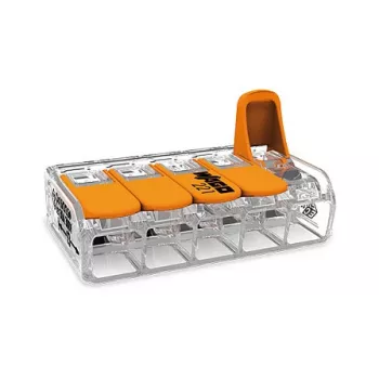 WAGO 221-615 5 laidininkų svirtinis kompaktiškas sujungimo gnybtas, 450 V, 32 A, permatomas/oranžinis
