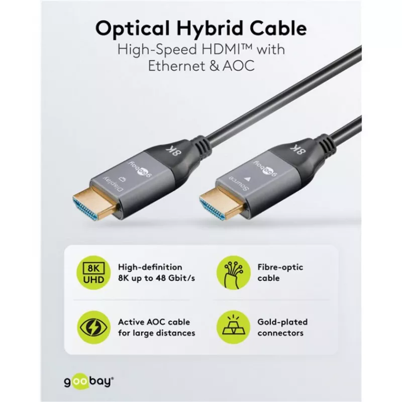 WENTRONIC Goobay 76276 Aktyvusis optinis HDMI kabelis AOC 8K - 10 m, HDMI 2.1, 48 Gbps, 8K@60Hz, 4K@120Hz, dinaminis HDR, eARC, VRR, ALLM, HDCP 2.3, juodas