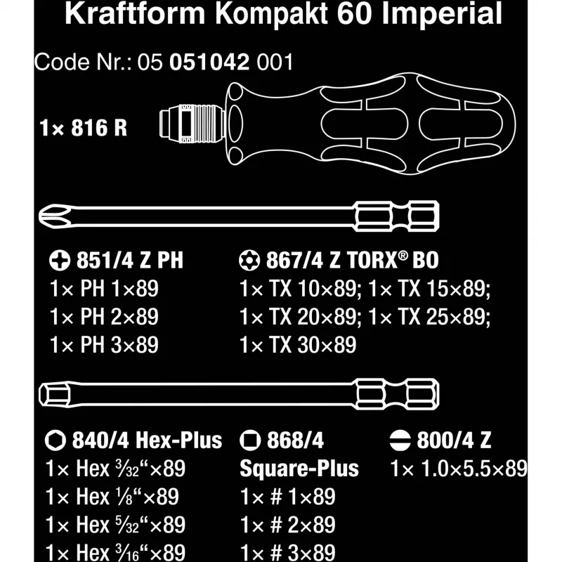 Wera 17 dalių Kraftform Kompakt 60 antgalių rinkinys, plokšti, Phillips, Pozidriv, TORX BO 05051042001
