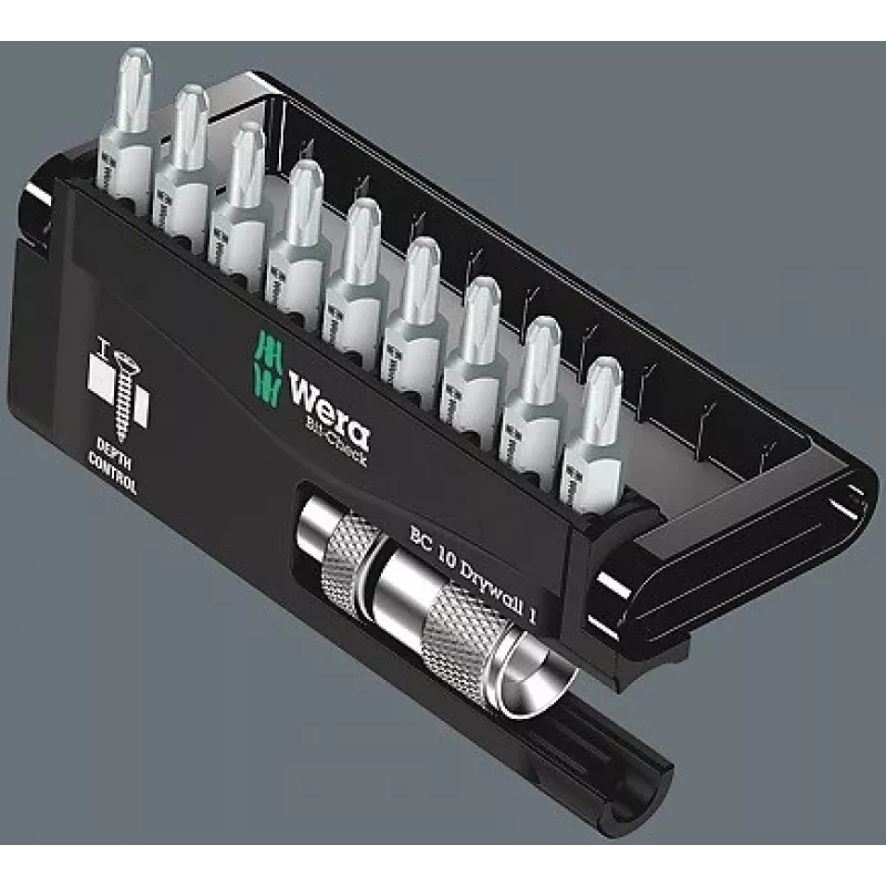 Wera Bit rinkinys Bit-Check 10 Drywall 1, 10 dalių, Phillips PH 2, 25 mm, Rapidaptor greito atleidimo laikiklis, gylio ribotuvas, torsiniai antgaliai