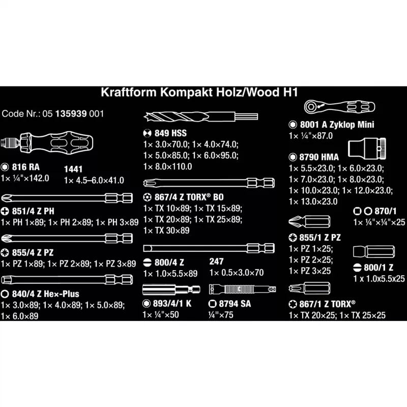Wera Kraftform Kompakt H 1 Woodcraft atsuktuvų rankena su 12 mišrių antgalių - Hex, Phillips, Pozidriv, Torx