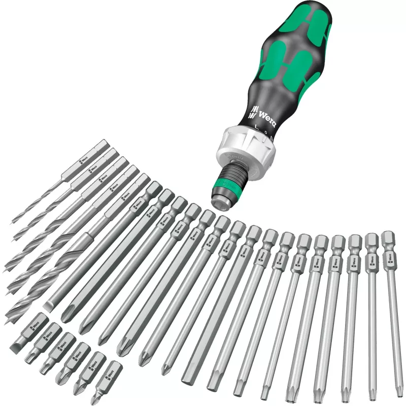 Wera Kraftform Kompakt H 1 Woodcraft atsuktuvų rankena su 12 mišrių antgalių - Hex, Phillips, Pozidriv, Torx