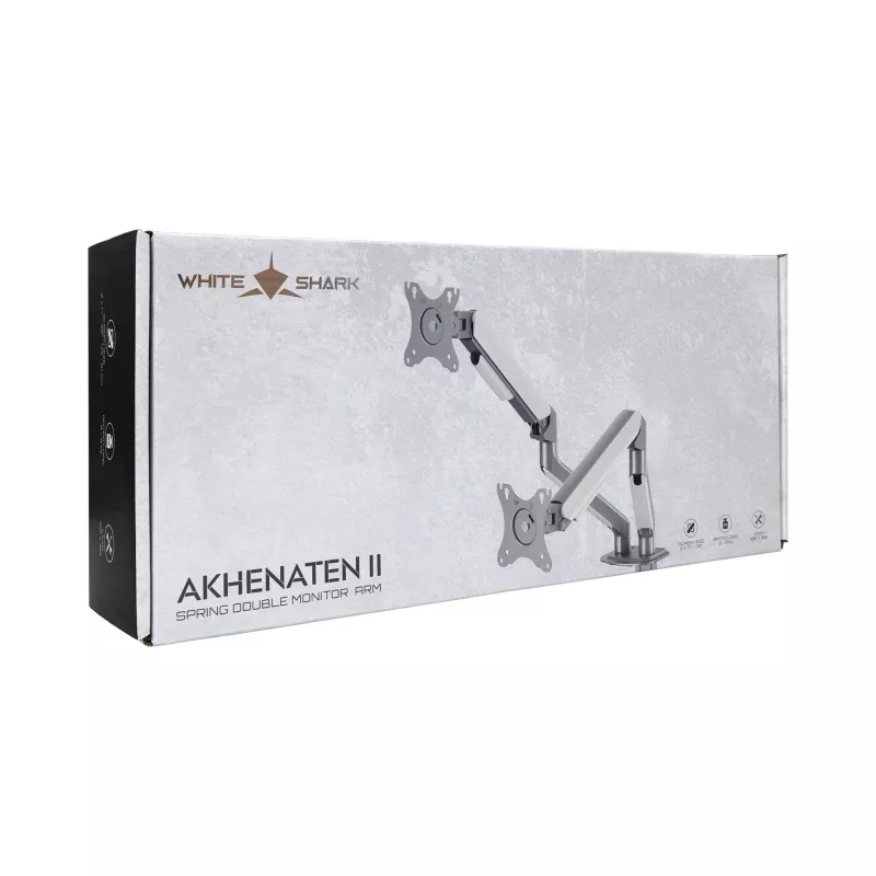 White Shark AKHENATEN-II GMS-3212 Dvigubo monitoriaus laikiklis – dujinė spyruoklė, spaustukas/angai, 17-32 colių, 9 kg vienai rankai, juodas