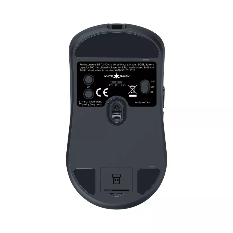 White Shark BORS-B WGM-5021 belaidė žaidimų pelė, 12000 DPI, 2.4GHz, RGB, juoda