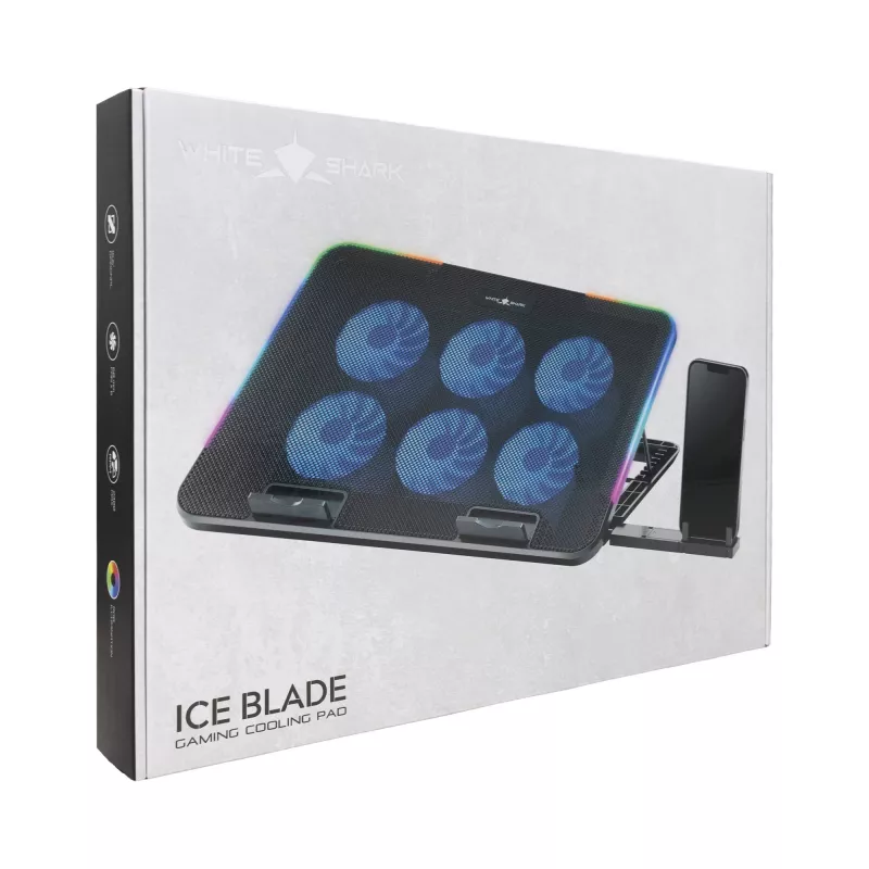 White Shark ICE BLADE GCP-96 dviejų ventiliatorių nešiojamojo kompiuterio aušinimo padėklas su mėlynu LED, palaiko iki 17 colių, 5 reguliuojamos pozicijos