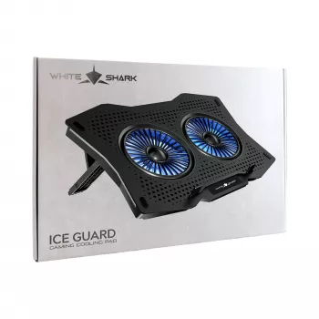White Shark ICE GUARD GCP-4 aušinimo padėklas su dviem 125 mm mėlynos spalvos LED ventiliatoriais, 5 aukščio nustatymais, iki 17,3 colio