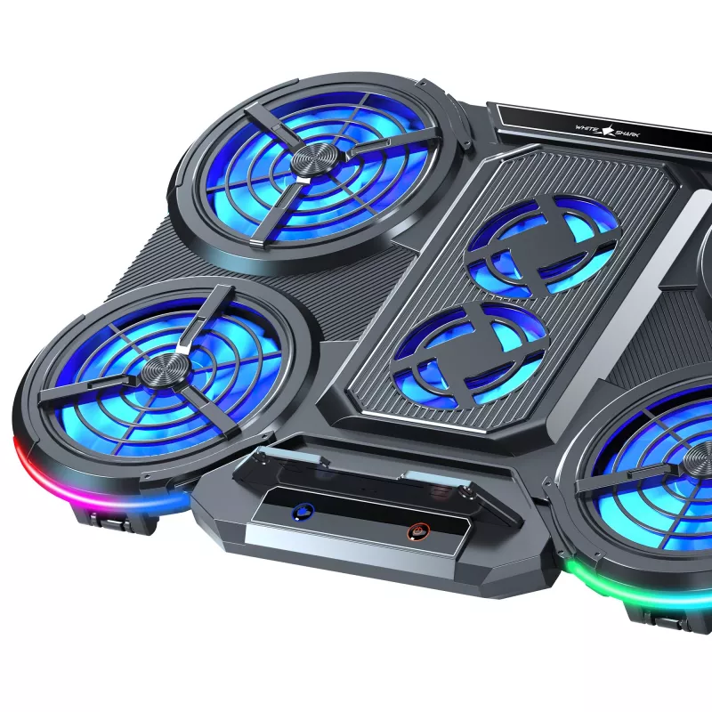 White Shark ICE STORM GCP-6 nešiojamojo kompiuterio aušinimo padėklas, 2x125mm ventiliatoriai, mėlynas LED, USB, iki 17 colių