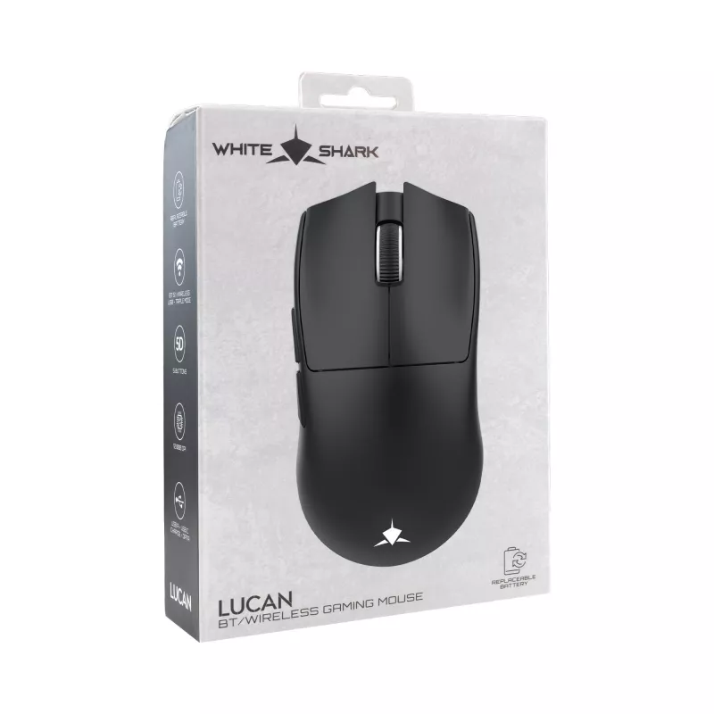 White Shark LUCAN-B WGM-5022 belaidė žaidimų pelė – 12000 DPI, 2.4 GHz, 7 mygtukai, RGB, balta