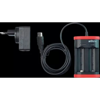 WIHA 41915 USB įkroviklis Li-Ion baterijoms, 2 lizdų, 5V DC įėjimas, 3,6V DC išėjimas, 1A vienam lizdui, LED indikatorius, juodas/raudonas
