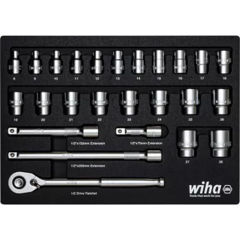 Wiha 44740 1/2 colio lizdų rinkinys, 39 dalių, su smulkaus dantelio reketu, šešiakampiais ir TORX E-profilio lizdais, chromo-vanadžio plieno, 10-32mm / E10-E24, DIN 3120