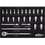 Wiha 44740 1/2 colio lizdų rinkinys, 39 dalių, su smulkaus dantelio reketu, šešiakampiais ir TORX E-profilio lizdais, chromo-vanadžio plieno, 10-32mm / E10-E24, DIN 3120