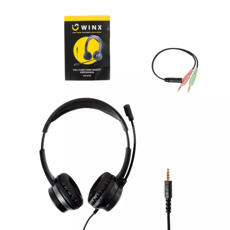 WINX CALL Clear 3,5 mm ausinės laidinės ant ausų su triukšmą slopinančiu mikrofonu, garso reguliavimu, odiniais paminkštinimais - juodos