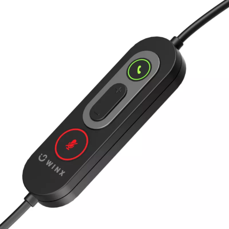 WINX CALL Pro 2 Mono AI triukšmą slopinanti ausinė su laidiniu USB-A, pasukama mikrofono rankenėle, valdymo mygtukais, minkštu PU odos ausų paminkštinimu, juoda