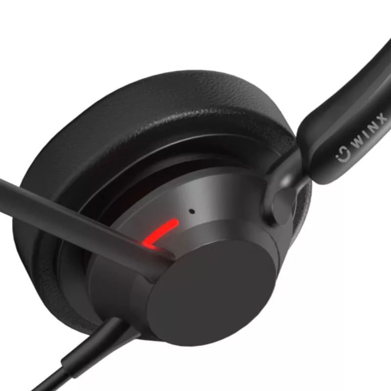 WINX CALL Pro 2 Mono AI triukšmą slopinanti ausinė su laidiniu USB-A, pasukama mikrofono rankenėle, valdymo mygtukais, minkštu PU odos ausų paminkštinimu, juoda