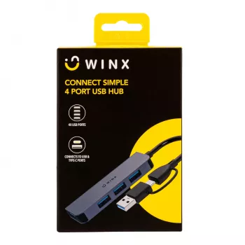 WINX CONNECT Simple USB/Type-C šakotuvas, 3x USB-A 5Gbps + USB-C PD 100W, kosminė pilka
