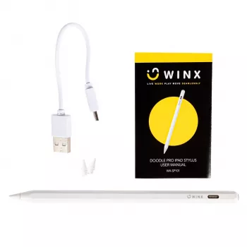 WINX DOODLE Pro iPad rašiklis - baltas aktyvus rašiklis su delno atmetimu, pakreipimo jutikliu, magnetiniu tvirtinimu, USB-C įkrovimu, atsarginiu antgaliu